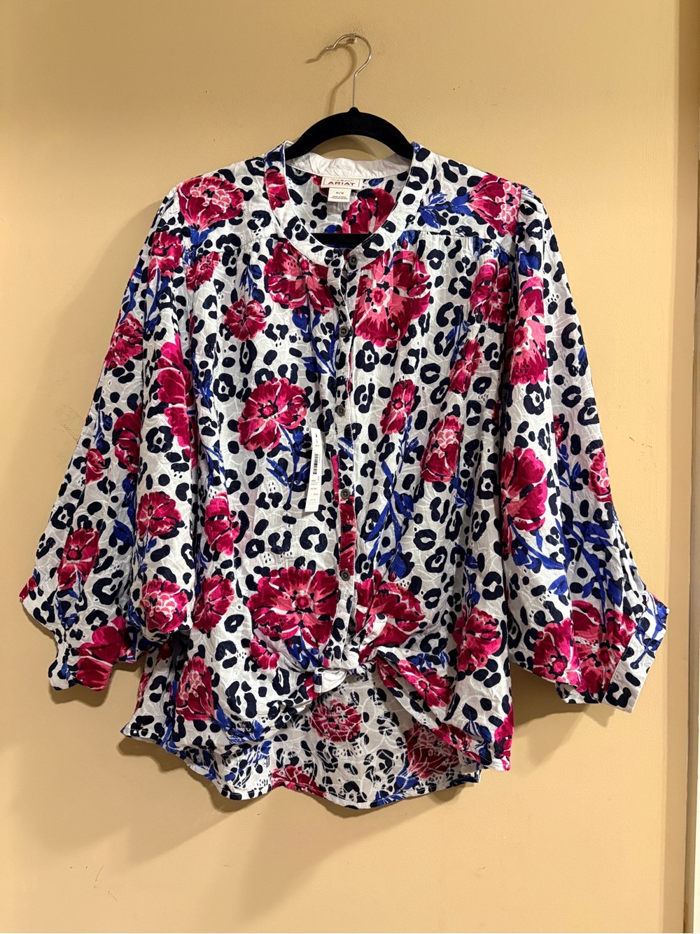 Ariat Bliss Floral, Leopard Print & Eyelet Button-Front Top in Fuchsia Medium
